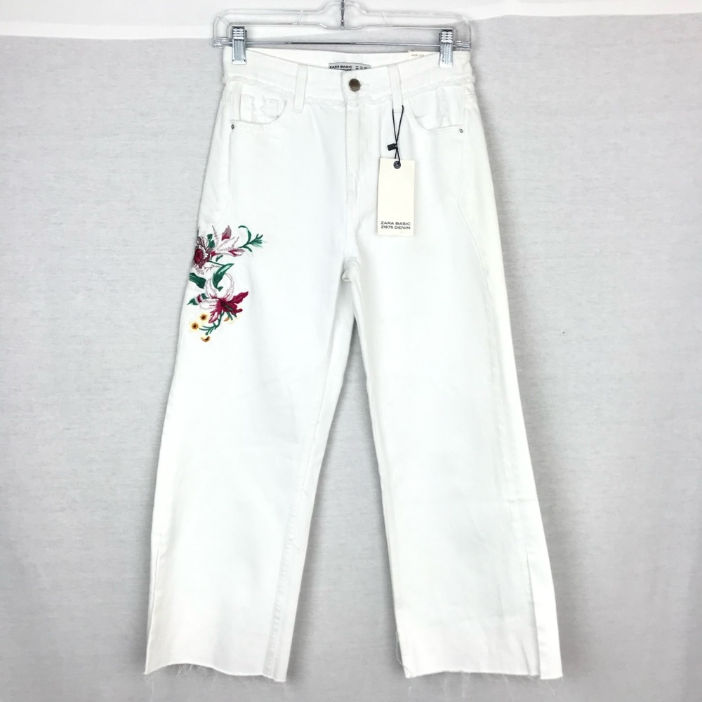 Zara Basic Embroidered Raw Hem Wide Leg Jeans
